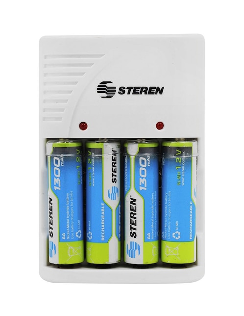 Cargador de pilas Steren compatible con baterías AA, AAA y 9V