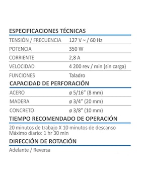 Taladro AKSI 350 W de 3/8 de pulgada Potencia 350 W Broquero de 3/8 de pulgada