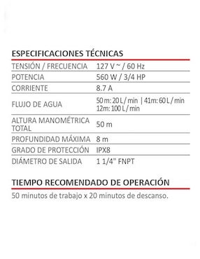 Bomba tipo bala para agua limpia AKSI 3/4 HP 560W