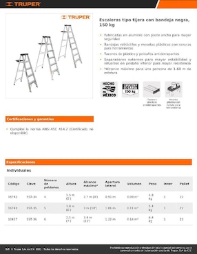 Escalera tipo tijera con bandeja Truper EST-34
