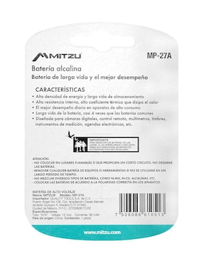 Batería 27A alcalina Mitzu 12 V