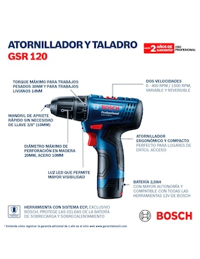 Taladro atornillador inalámbrico Bosch 06019G80G1 de 10.8 V
