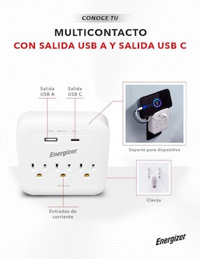 Multicontacto Energizer EN-TAP3 de 3 salidas y 2 puertos USB