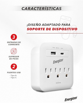 Multicontacto Energizer EN-TAP3 de 3 salidas y 2 puertos USB