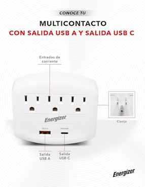 Multicontacto Energizer EN-TAP4 de 3 salidas y 2 puertos USB