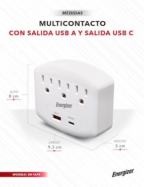 Multicontacto Energizer EN-TAP4 de 3 salidas y 2 puertos USB