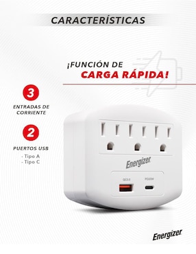 Multicontacto Energizer EN-TAP4 de 3 salidas y 2 puertos USB
