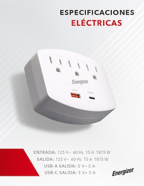 Multicontacto Energizer EN-TAP4 de 3 salidas y 2 puertos USB