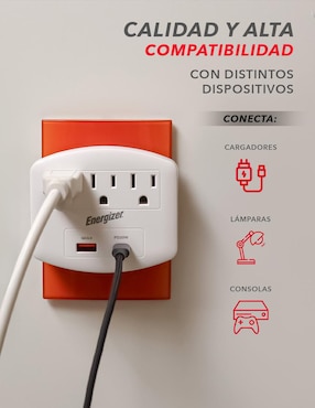 Multicontacto Energizer EN-TAP4 de 3 salidas y 2 puertos USB