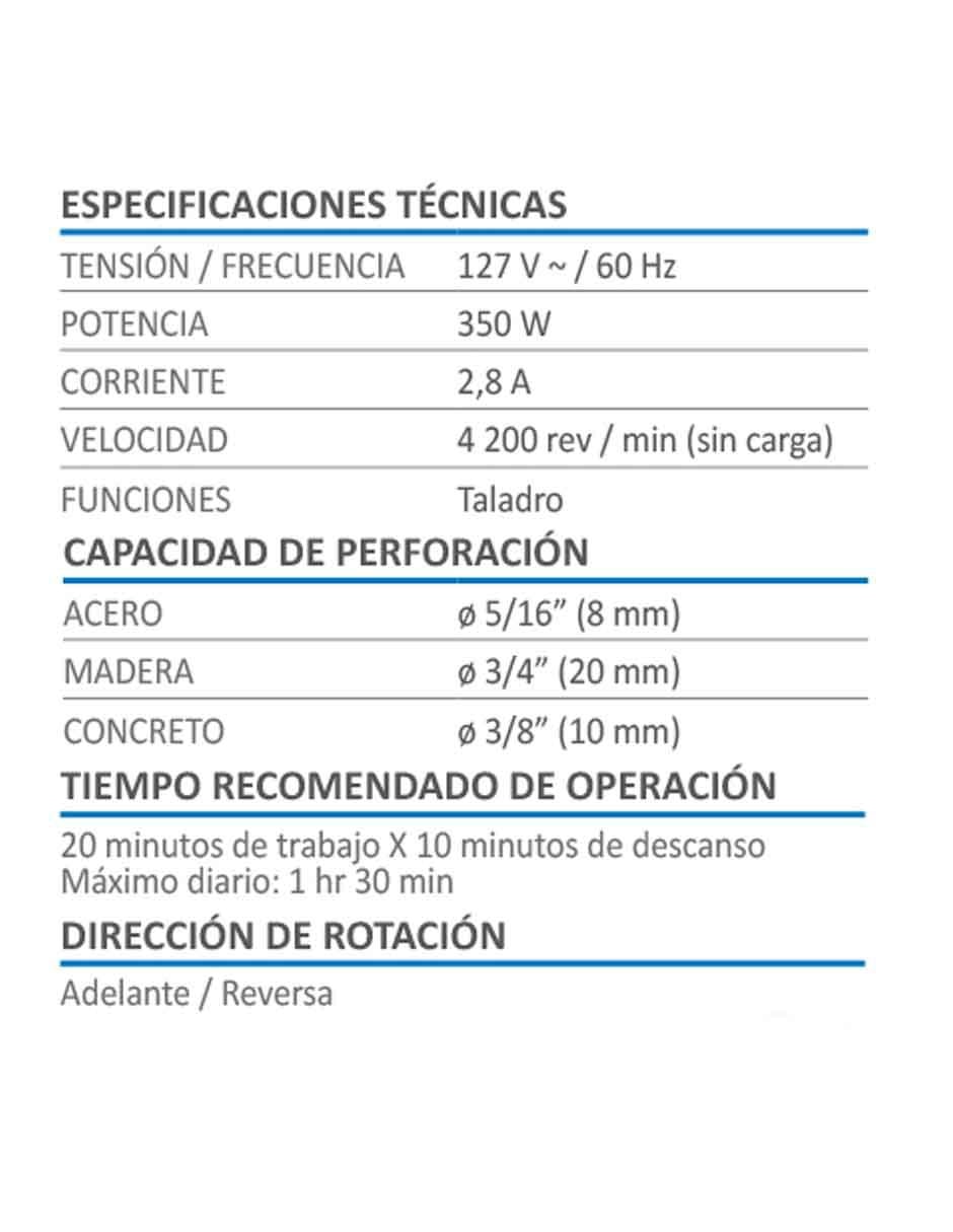 Taladro 350 W de 3/8 de pulgada Potencia 350 W Broquero de 3/8 de pulgada 5