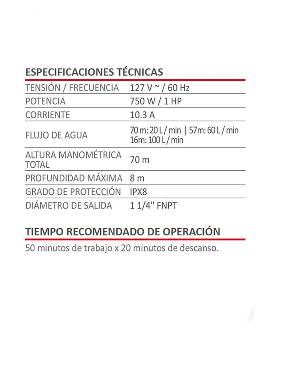 Bomba tipo bala para agua limpia 1 HP 750 W 3