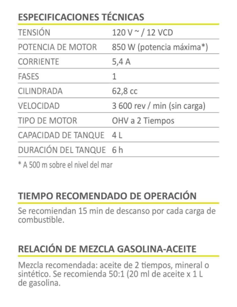 Generador a gasolina Maxtool 850W Motor 2 tiempos 397401 4