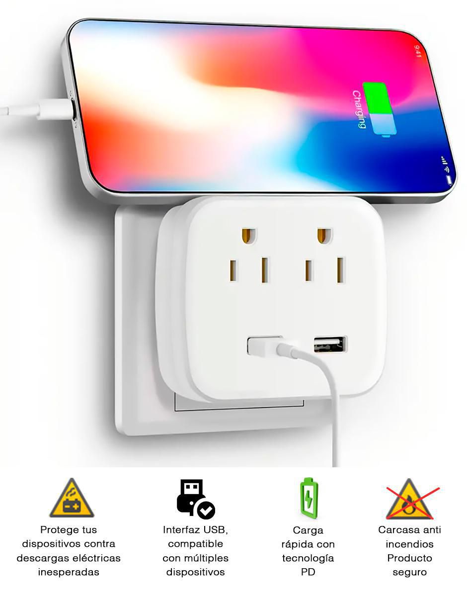 Multicontacto Adaptador de corriente de 2 salidas y 2 puertos usb 2