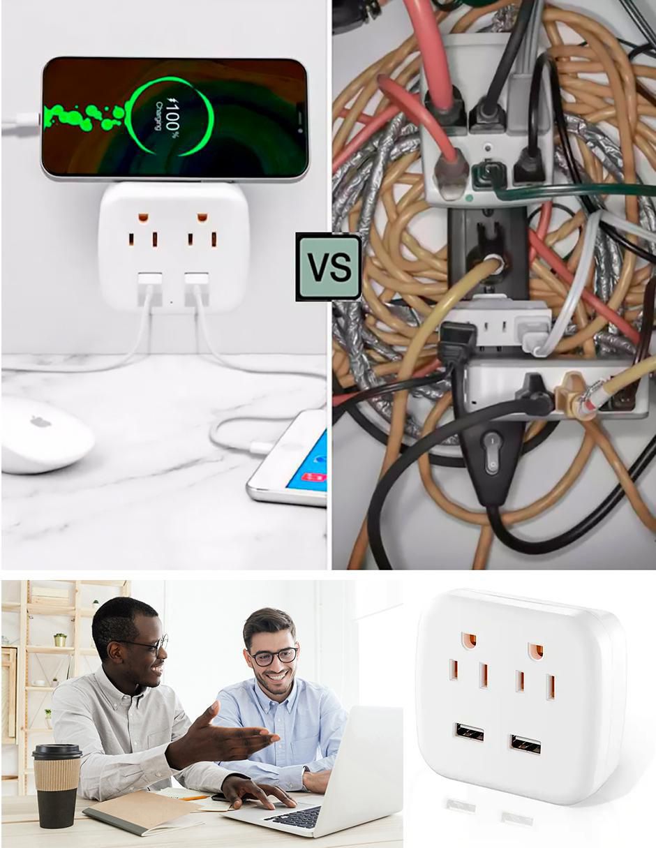Multicontacto Adaptador de corriente de 2 salidas y 2 puertos usb 3