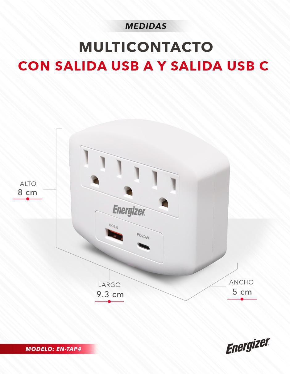 Multicontacto EN-TAP4 de 3 salidas y 2 puertos USB 10